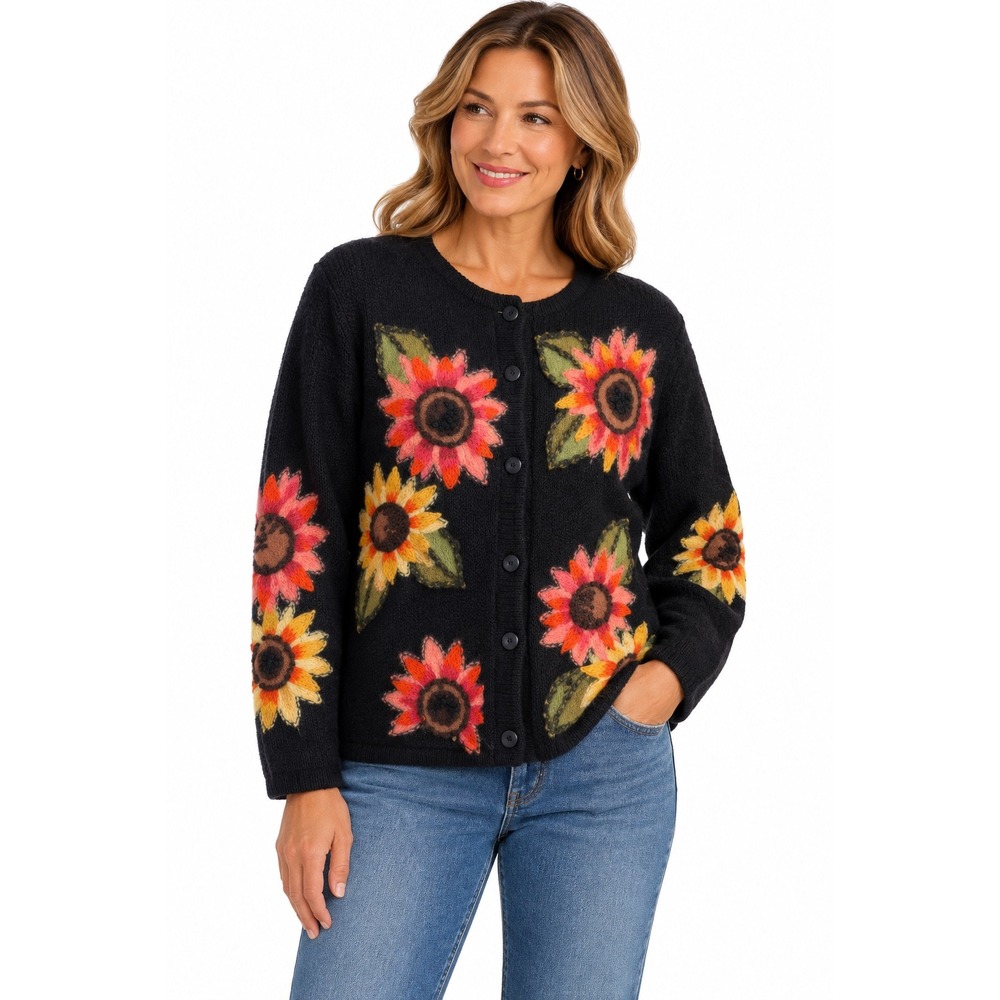 Susan Bristol 100% Wool Hand Embroidered Sunflower Cardigan Sweater Black XL